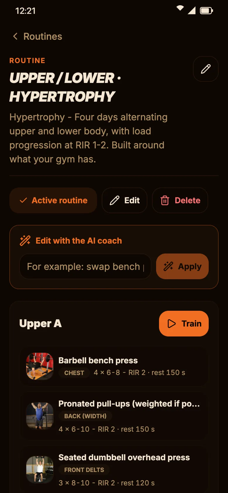 A 4-day Upper / Lower routine built by the coach with the gym's equipment.