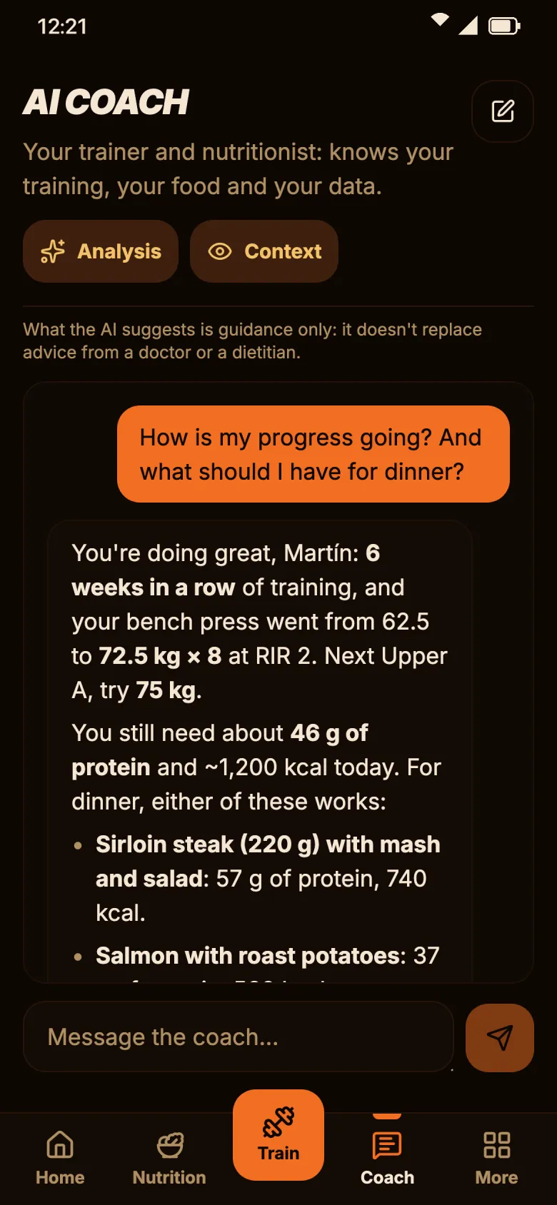 The coach answers how much the bench press went up and what to have for dinner with the protein left.