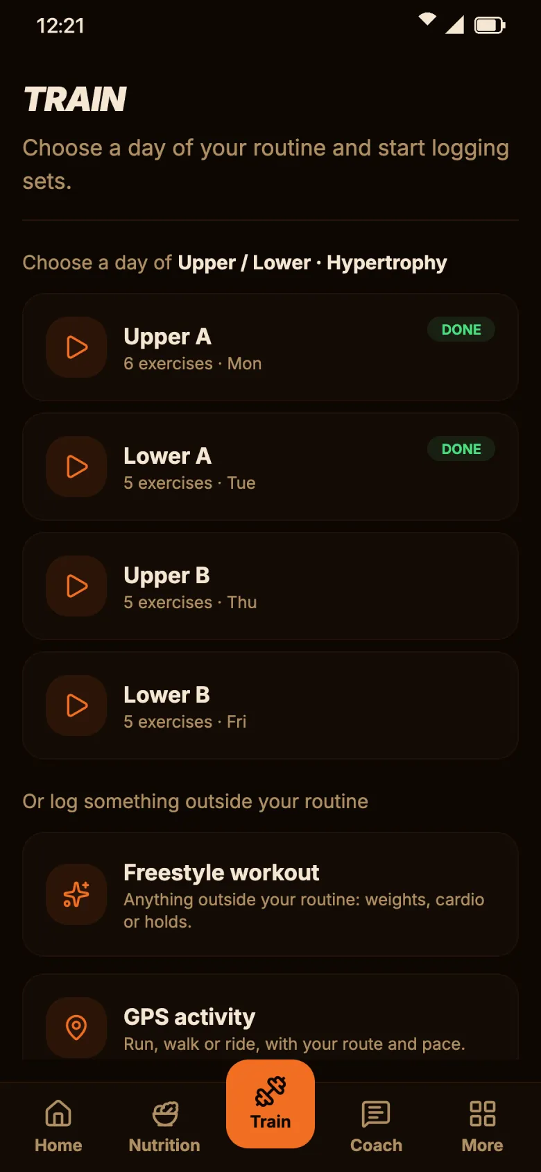 Training: the four days of the Upper / Lower routine, with this week's marked as done.