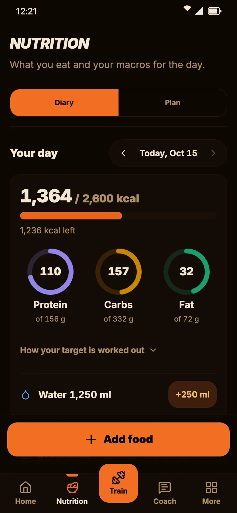 Nutrition diary with protein, carbs and fat rings, and the day's water.